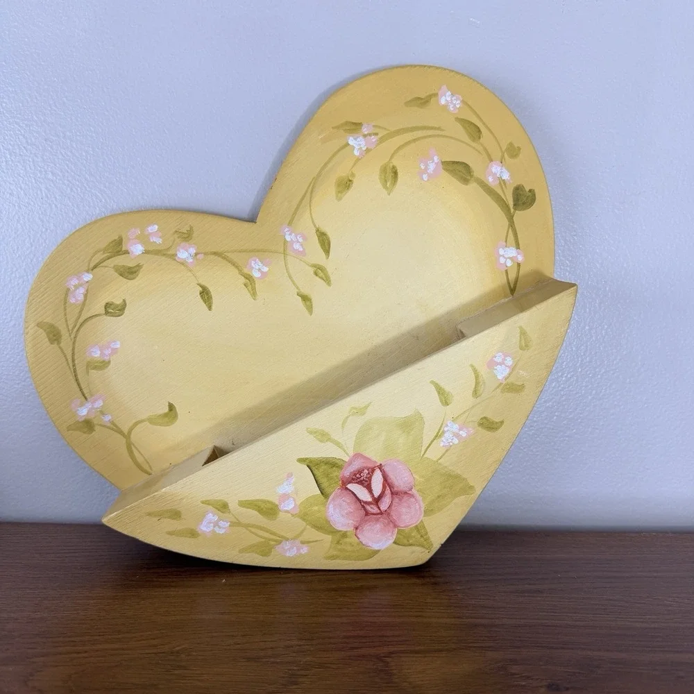 Vintage Heart Wall Shelf Letter Holder Yellow Hand Painted Floral Plastic Plant